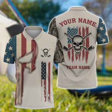 Custom Men's Golf Polo Shirt, Skull Golf Shirt, Patriotic Golf Shirt, Gift For Golfers