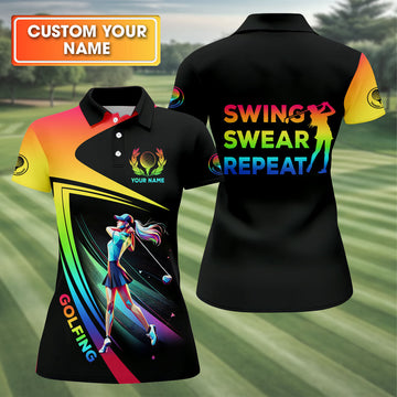 Swing Swear Repeat Personalized Funny Golf Polo Shirt, Custom Ladies Golf Shirt