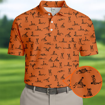 Orange Funny Skeleton Sex Position Golf Shirt, Halloween Gift Idea, Fun Golf Shirts For Men, Unique Gift For Golfer