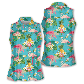 Flamingo Tropical Sleeveless Polo Shirt Womens, Women's Hawaiian Golf Shirts, Sleeveless Womens Golf Shirts