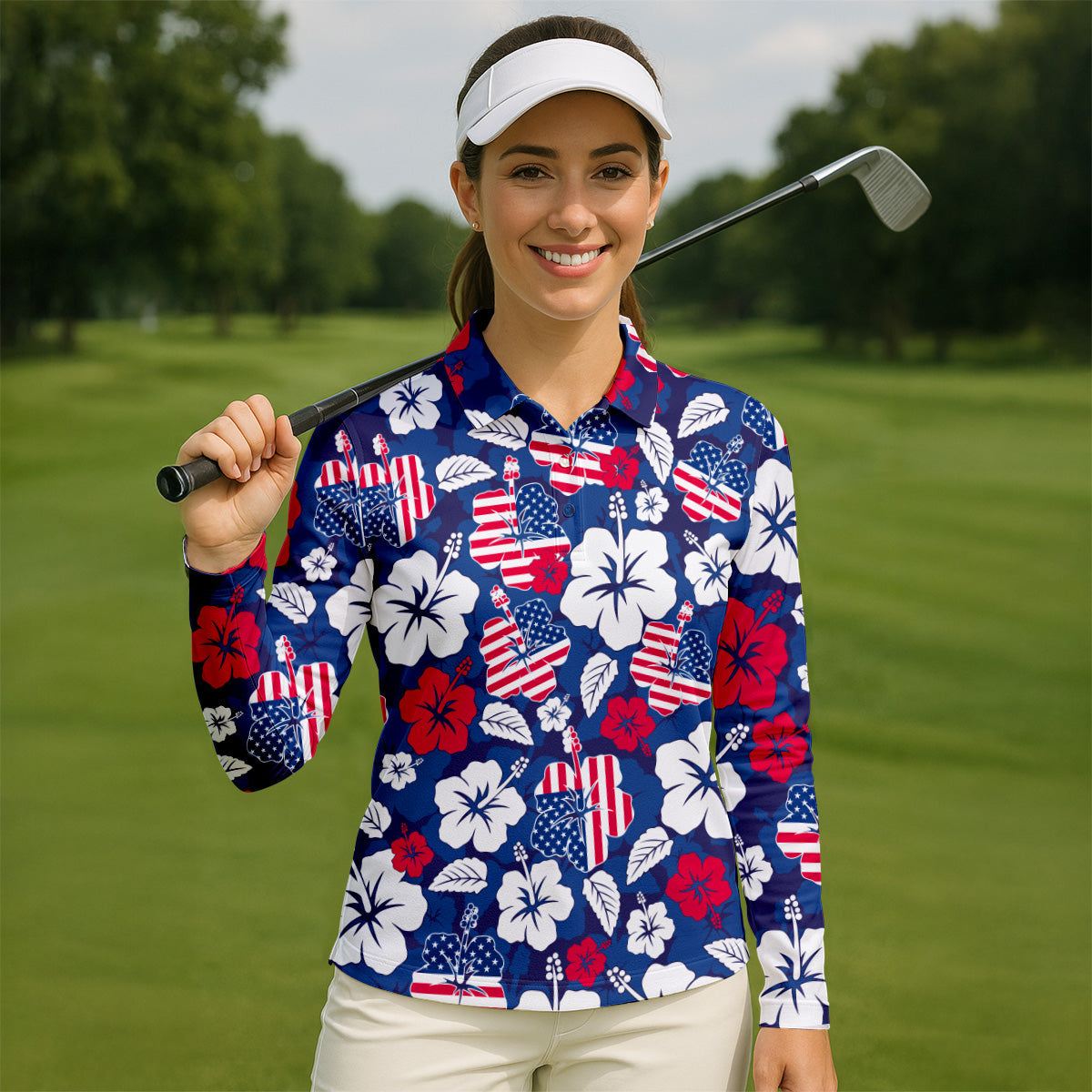 Tropical Hibiscus American Flag Womens Golf Polo Shirt, Women's 4th Of July Shirts, Custom Ladies Golf Shirt