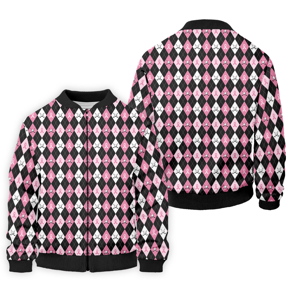 Black Pink Argyle Men's Golf Polo Shirt, Breast Cancer Golf Shirt, Golf Gift For Men, Matching Golf Shirts