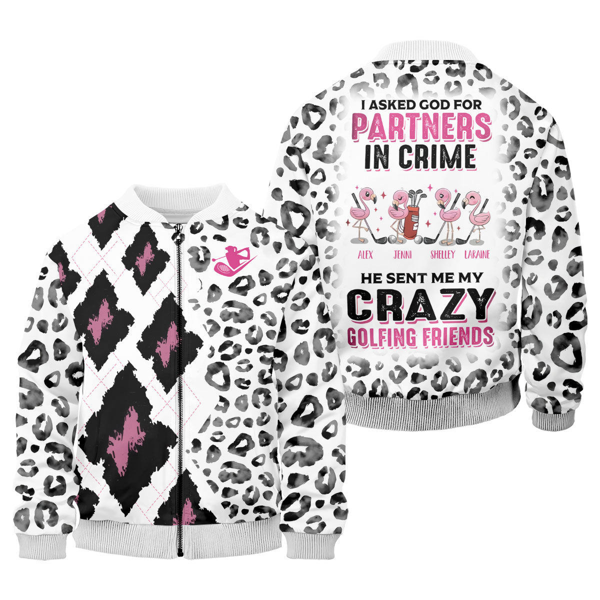 I Asked God For Partners In Crime He Sent Me My Crazy Golfing Friends Leopard Print Golf Shirt, Fun Womens Golf Shirts