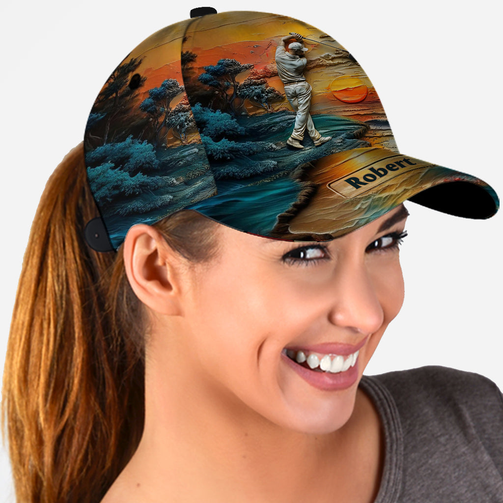 Sunset Landscape Golfer Personalized Golf Cap, Gift For Dad, Golf Gift For Men