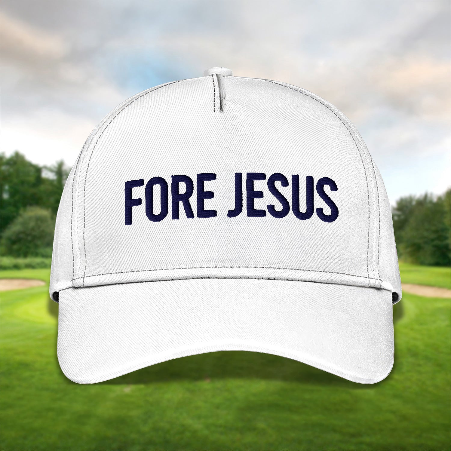 Fore Jesus Navy Embroidered Baseball Cap, Funny Dad Hat, Christmas Golf Gift
