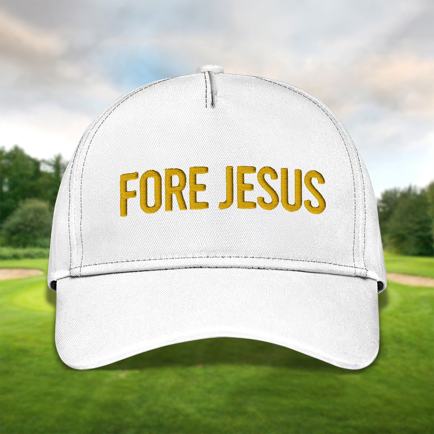 Fore Jesus Yellow Embroidered Baseball Cap, Funny Dad Hat, Christmas Golf Gift
