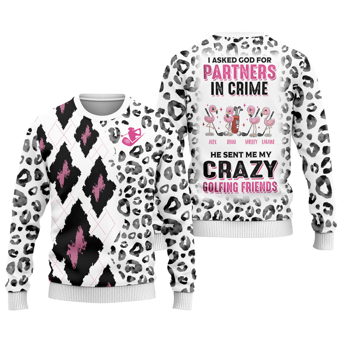 I Asked God For Partners In Crime He Sent Me My Crazy Golfing Friends Leopard Print Golf Shirt, Fun Womens Golf Shirts