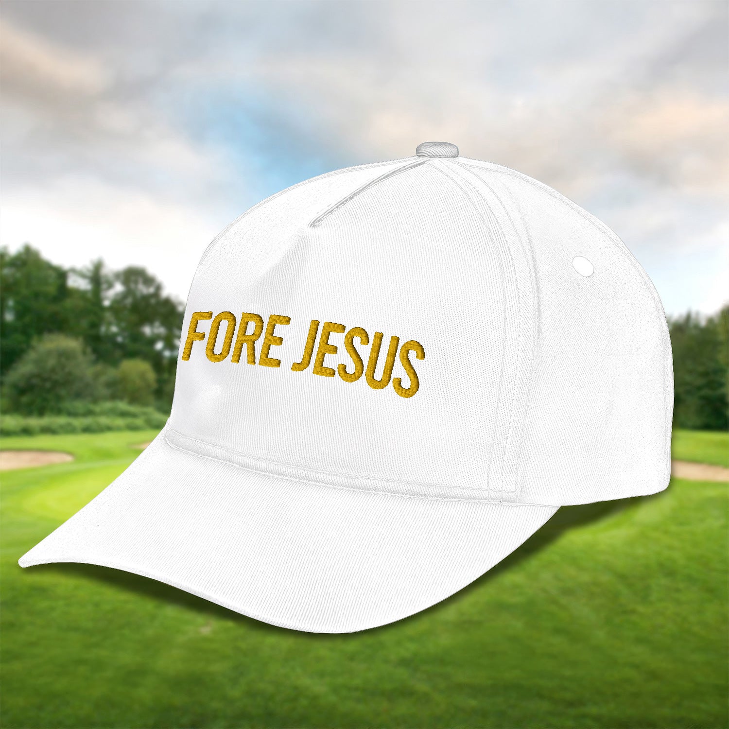 Fore Jesus Yellow Embroidered Baseball Cap, Funny Dad Hat, Christmas Golf Gift