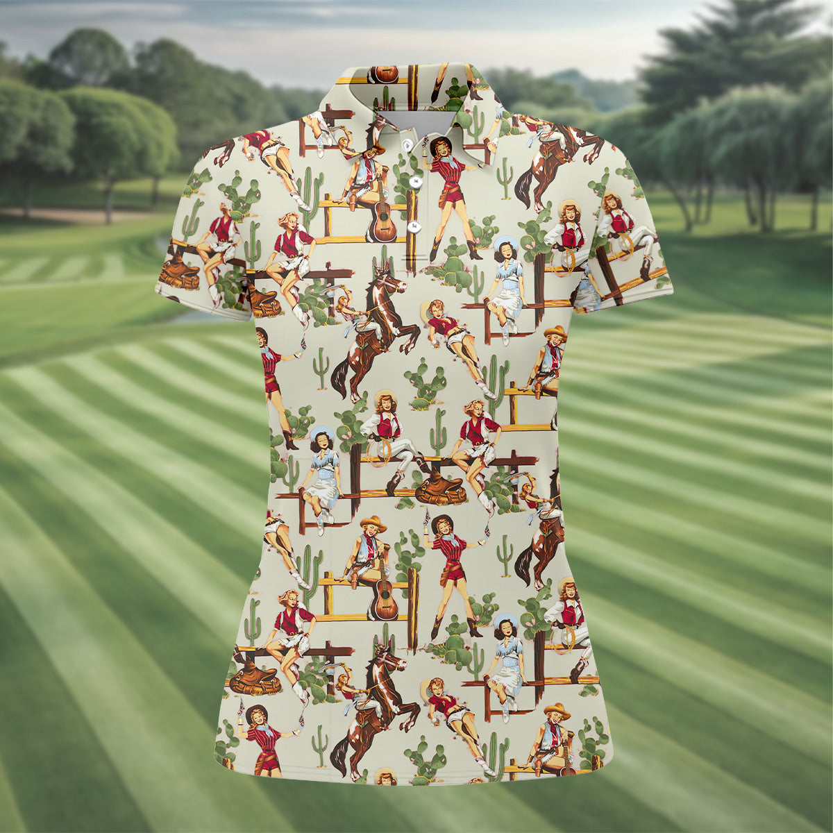 Desert Cowgirl Green Ladies Golf Shirt, Women's Long Sleeve Golf Shirts, Ladies Golf Polos