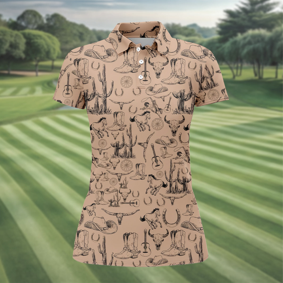 Brown Toile Western Golf Shirt, Women's Golf Long Sleeve, Ladies Sleeveless Tops, Women's Polo Shirt