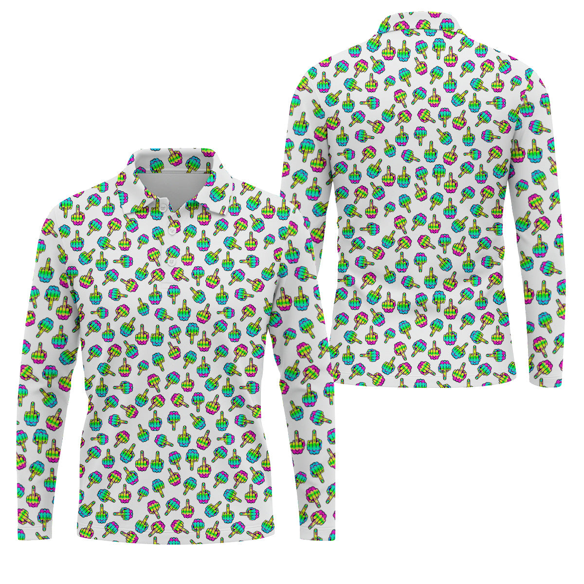 Neon Middle Finger Men Fun Golf Shirts, White Golf Polo, Cool Golf Gifts, Golfing Apparel