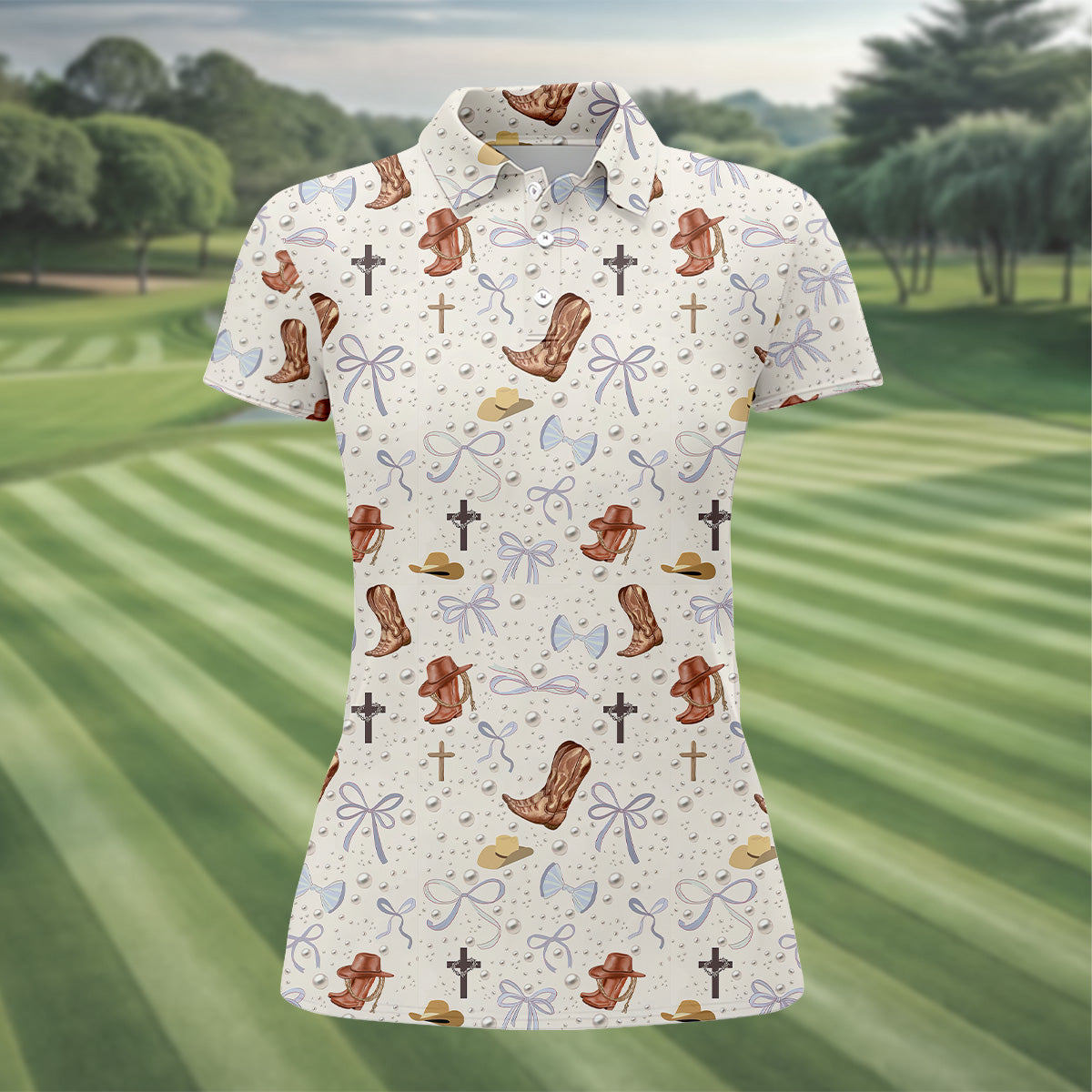 Coquette Pattern Western Golf Shirt, Cute Golf Outfit, White Polo Women, Ladies Golf Shirts