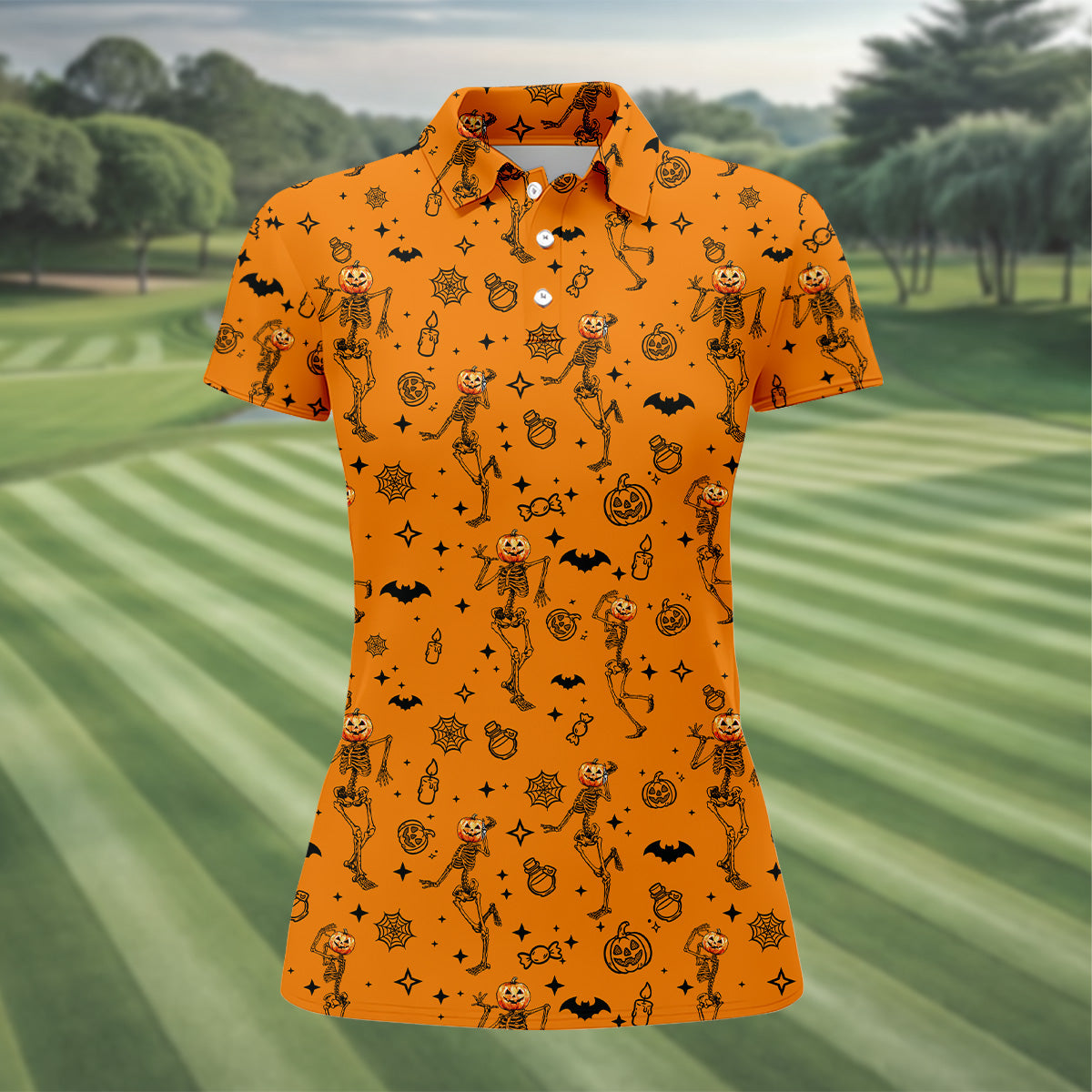 Skeleton Orange Golf Shirt, Halloween Golf Shirt, Fun Golf Polos, Sleeveless Womens Golf Shirts, Ladies Golf Shirts