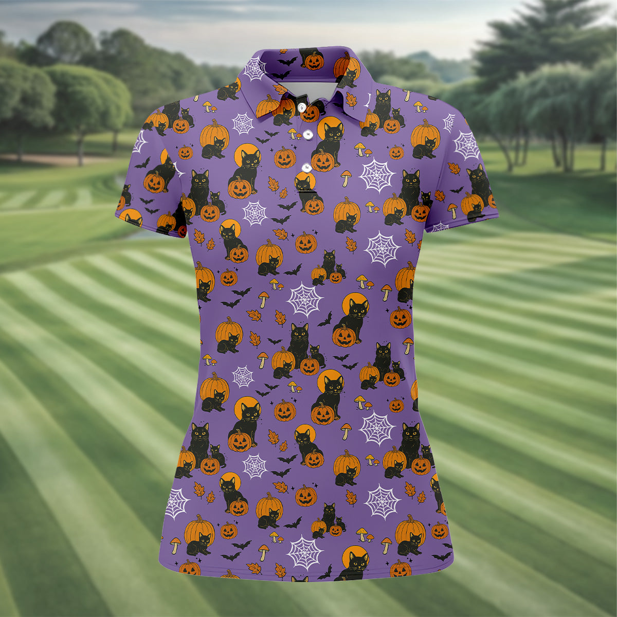 Halloween Cat Pumpkin Purple Golf Shirt, Sleeveless Polo Shirt, Ladies Golf Shirts, Golf Hoodie