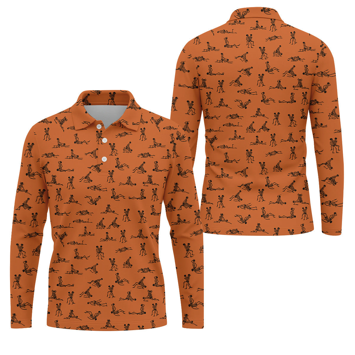 Orange And White Funny Skeleton Sex Position Golf Shirt, Halloween Gift Idea, Fun Golf Shirts For Men, Polo For Men