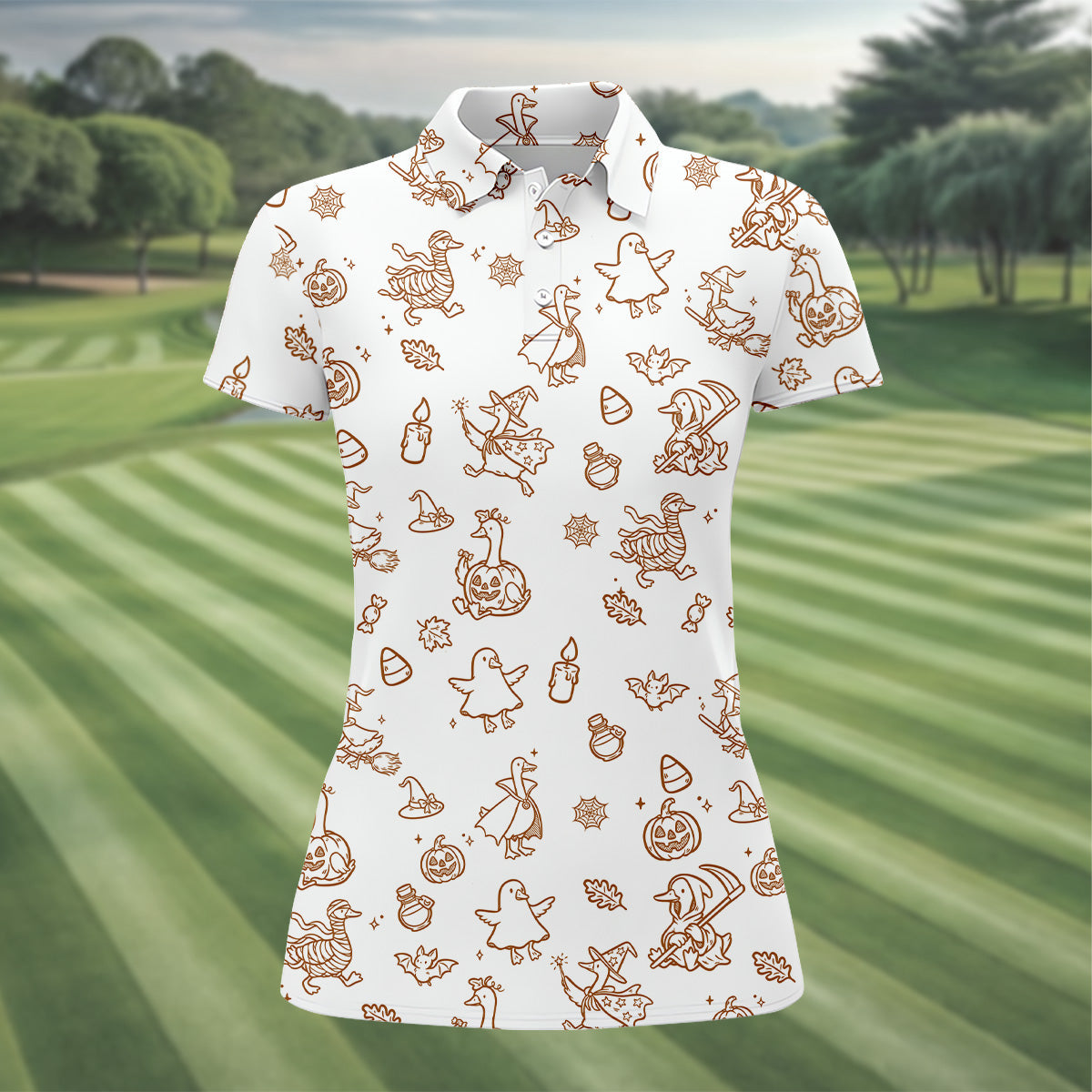 Goose Halloween, Doodle Pattern, White Golf Shirt, Sleeveless Womens Golf Shirts, Women Golf Top, Ladies Golf Shirts