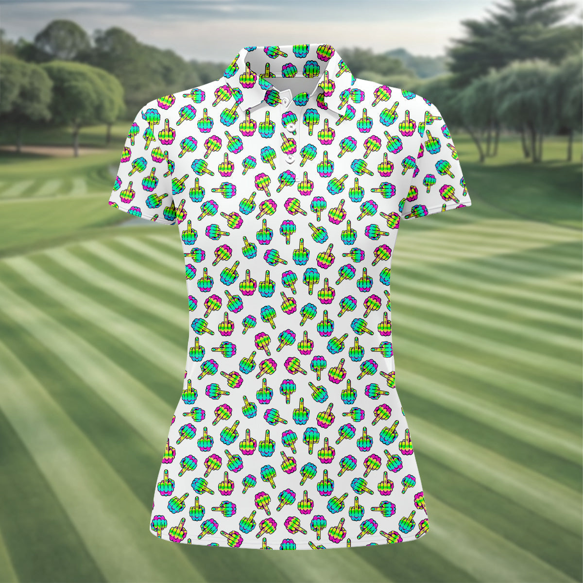 Neon Middle Finger White Golf Polo, Funny Golf Shirt, Unique Gift For Golfer, Ladies Golf Polos