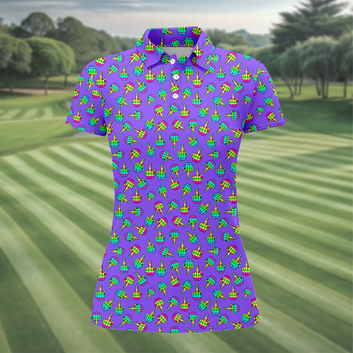 Neon Middle Finger Purple Golf Shirt, Funny Golf Shirt, Ladies Golf Polos, Cool Golf Gift