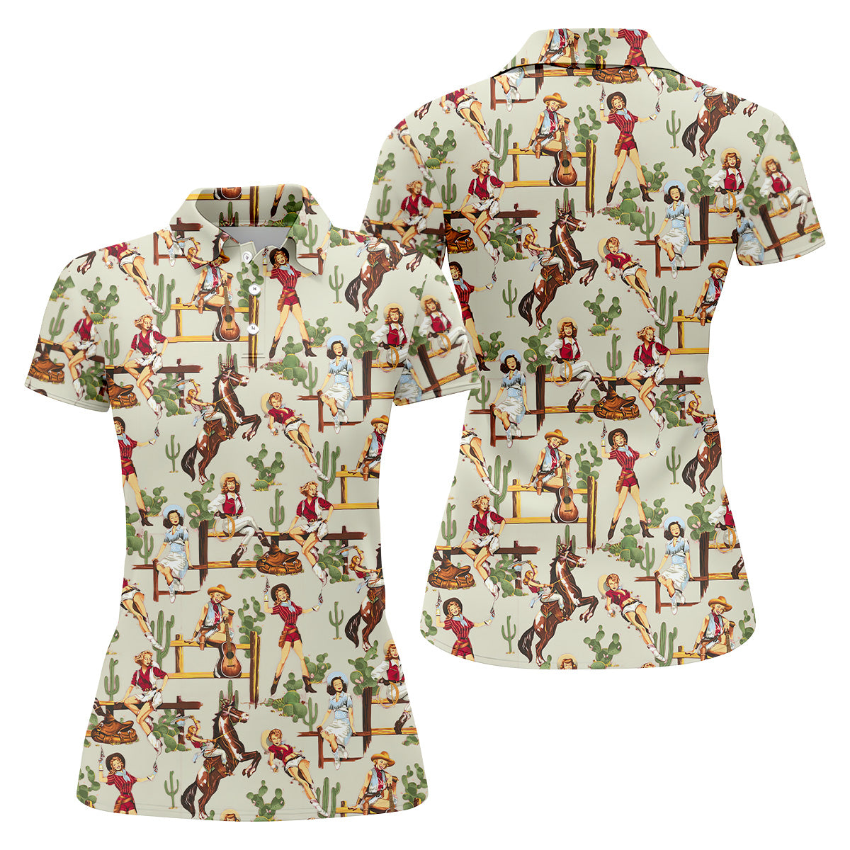 Desert Cowgirl Green Ladies Golf Shirt, Women's Long Sleeve Golf Shirts, Ladies Golf Polos