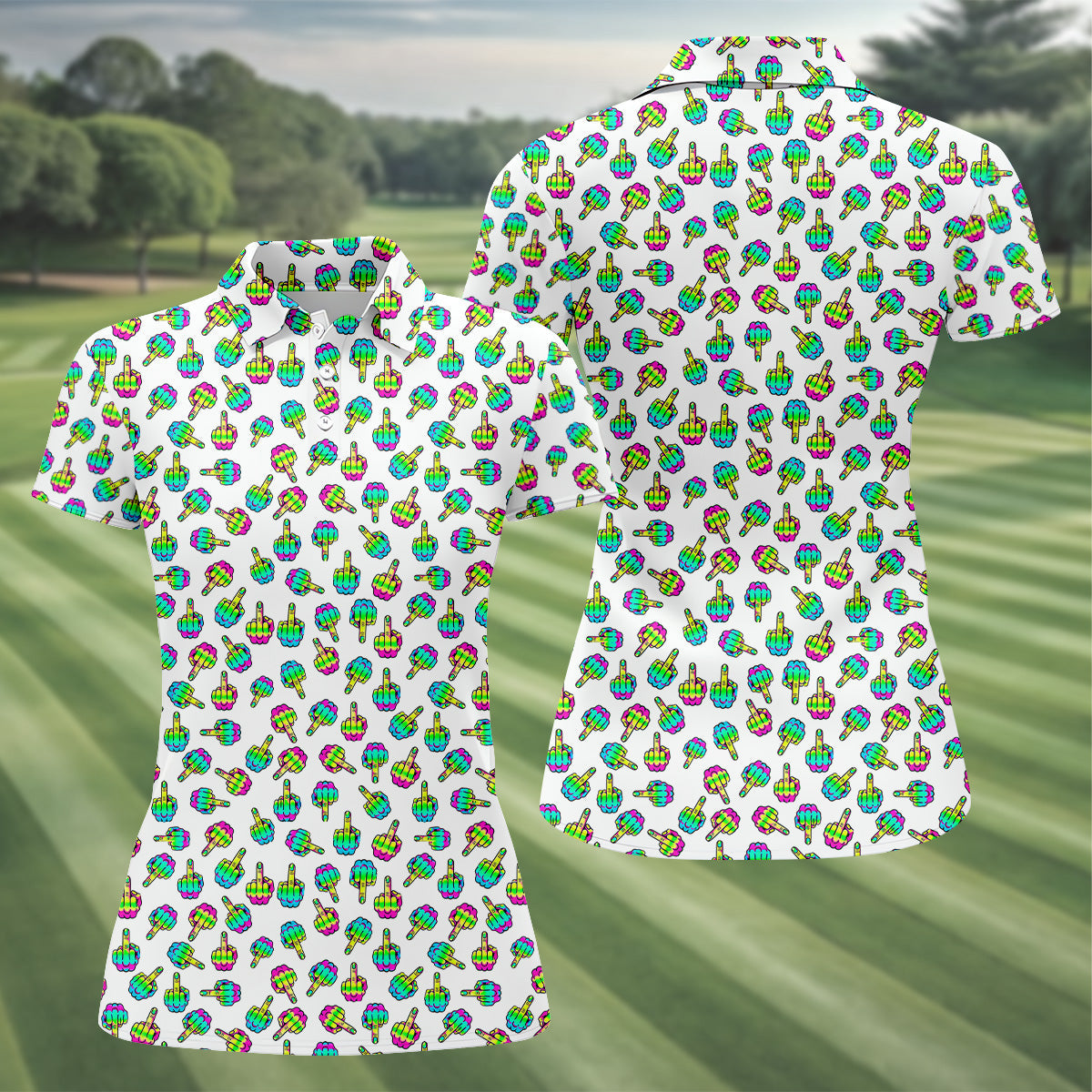 Neon Middle Finger White Golf Polo, Funny Golf Shirt, Unique Gift For Golfer, Ladies Golf Polos