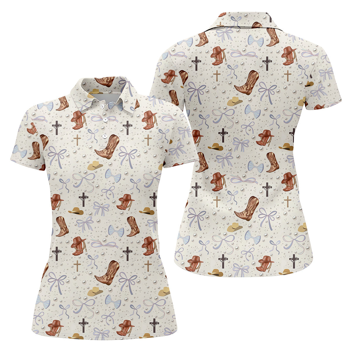 Coquette Pattern Western Golf Shirt, Cute Golf Outfit, White Polo Women, Ladies Golf Shirts