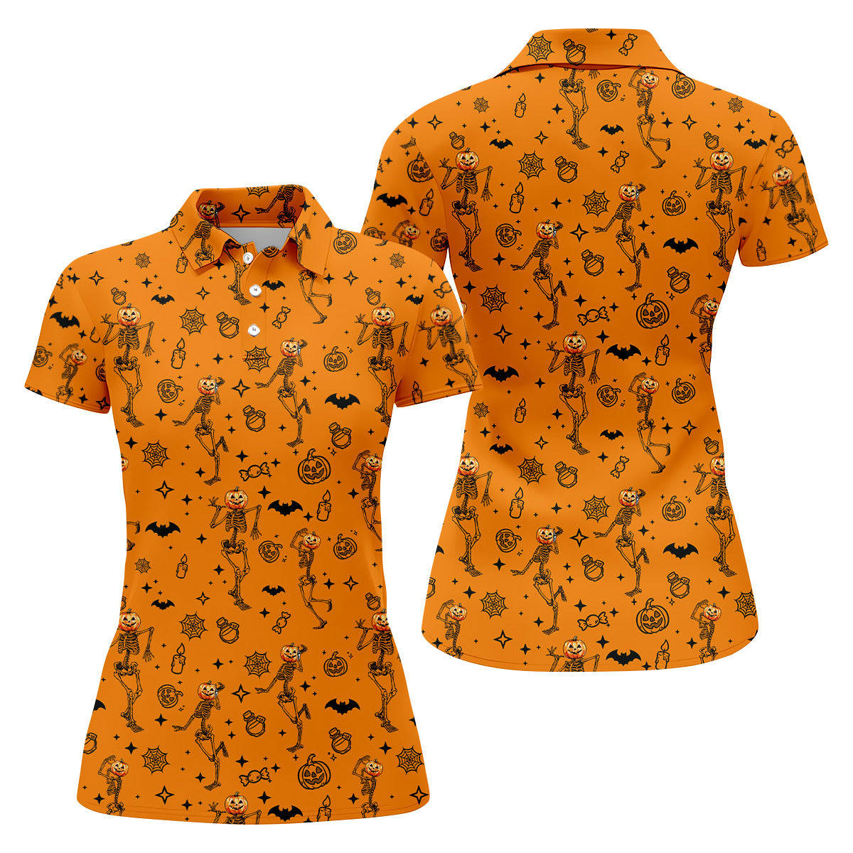 Skeleton Orange Golf Shirt, Halloween Golf Shirt, Fun Golf Polos, Sleeveless Womens Golf Shirts, Ladies Golf Shirts