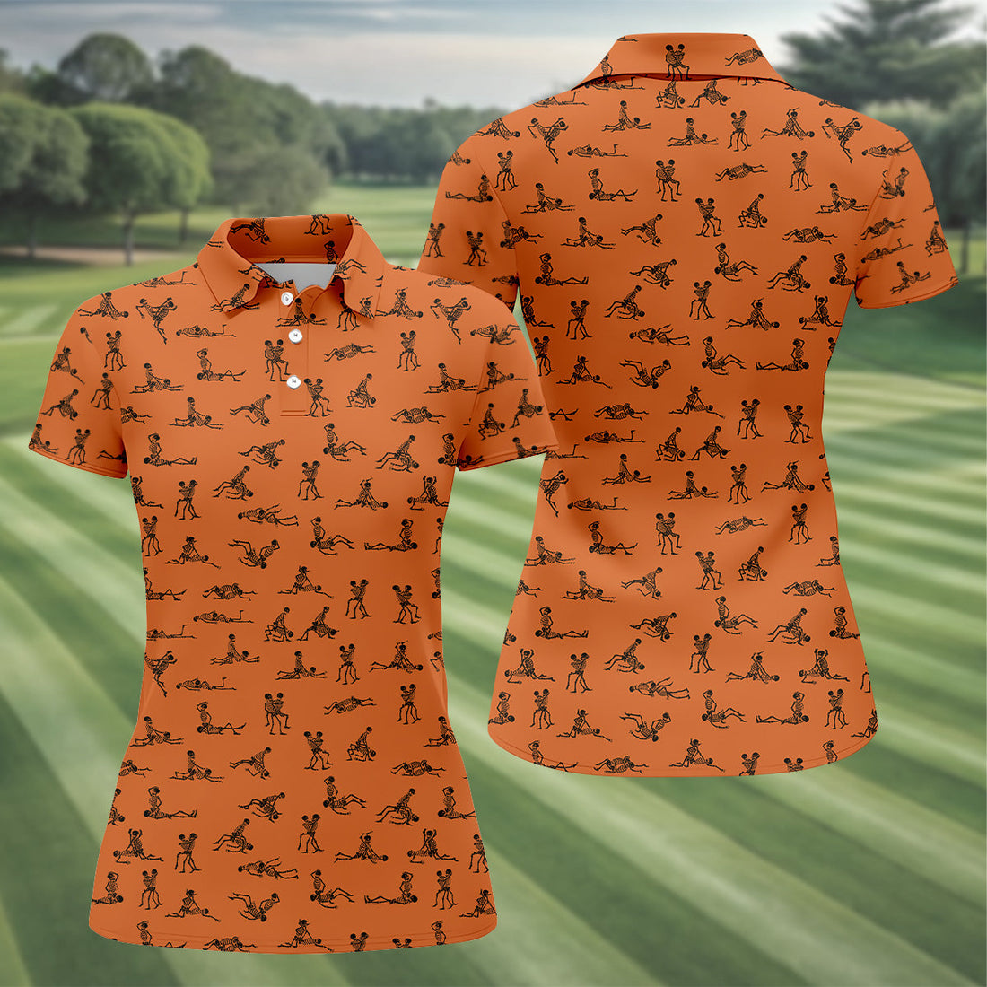 Orange And White Funny Skeleton Sex Position Golf Shirt, Halloween Gift Idea, Ladies Golf Shirts