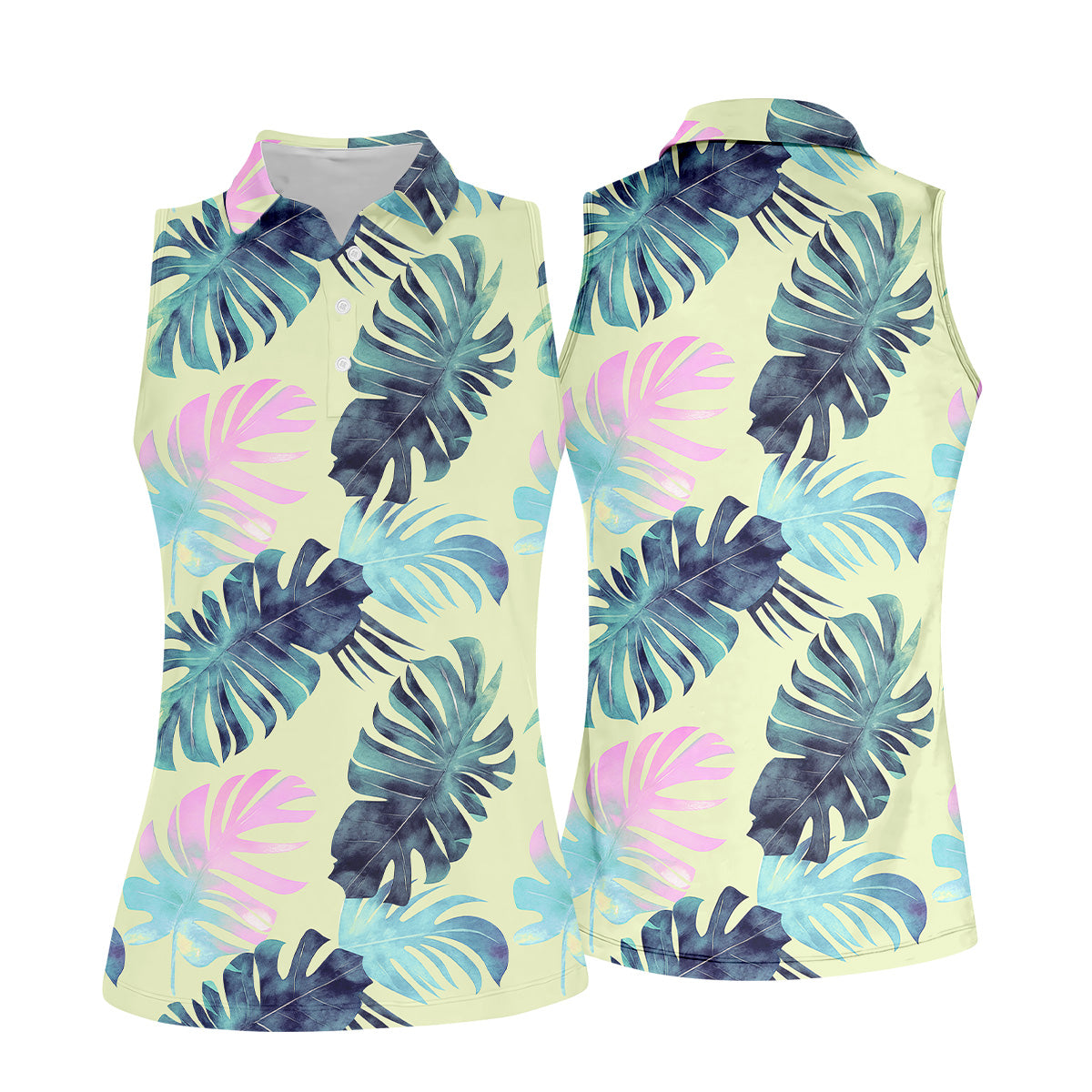 Tropical Palm Leaves Sleeveless Womens Golf Shirts, Ladies Sleeveless Polo, Ladies Golf Shirts, Golfing Apparel