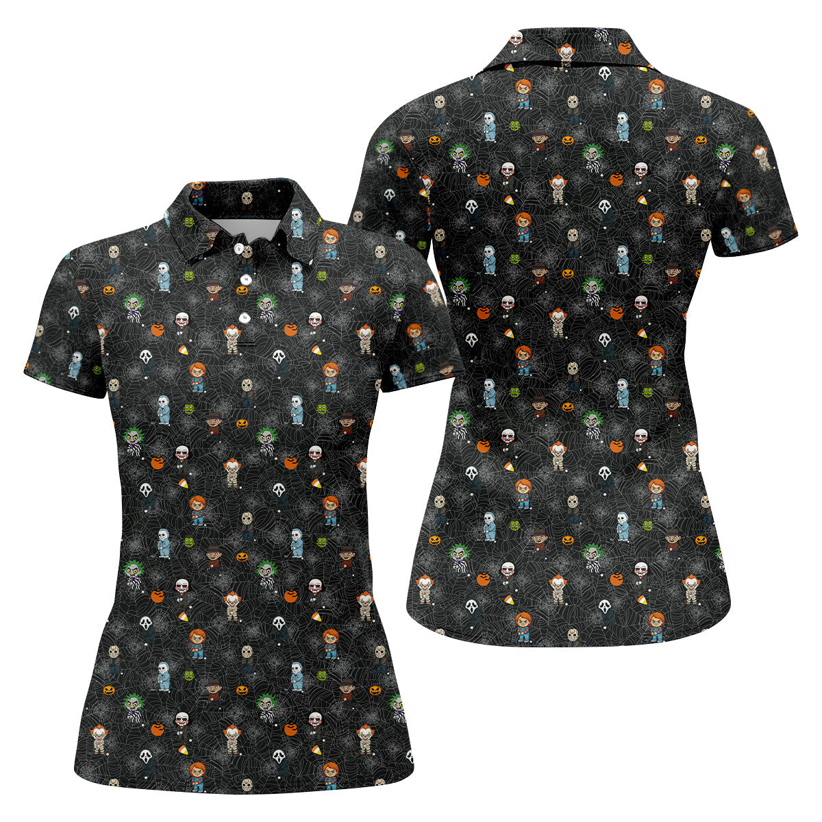 Funny Horror Character Black Golf Polo Shirt, Horror Movie Shirt, Halloween Golf Shirt, Womens Golf Polo