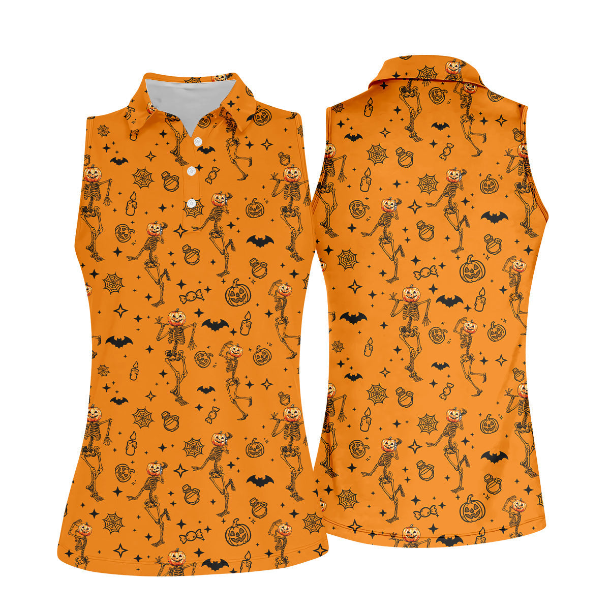 Skeleton Orange Golf Shirt, Halloween Golf Shirt, Fun Golf Polos, Sleeveless Womens Golf Shirts, Ladies Golf Shirts