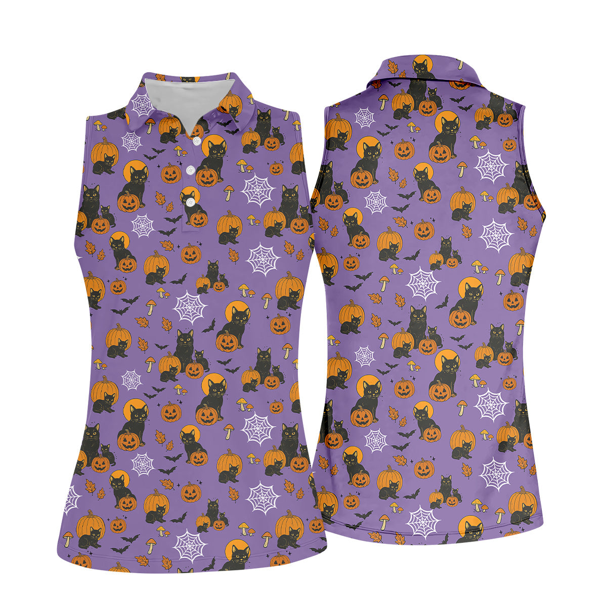 Halloween Cat Pumpkin Purple Golf Shirt, Sleeveless Polo Shirt, Ladies Golf Shirts, Golf Hoodie