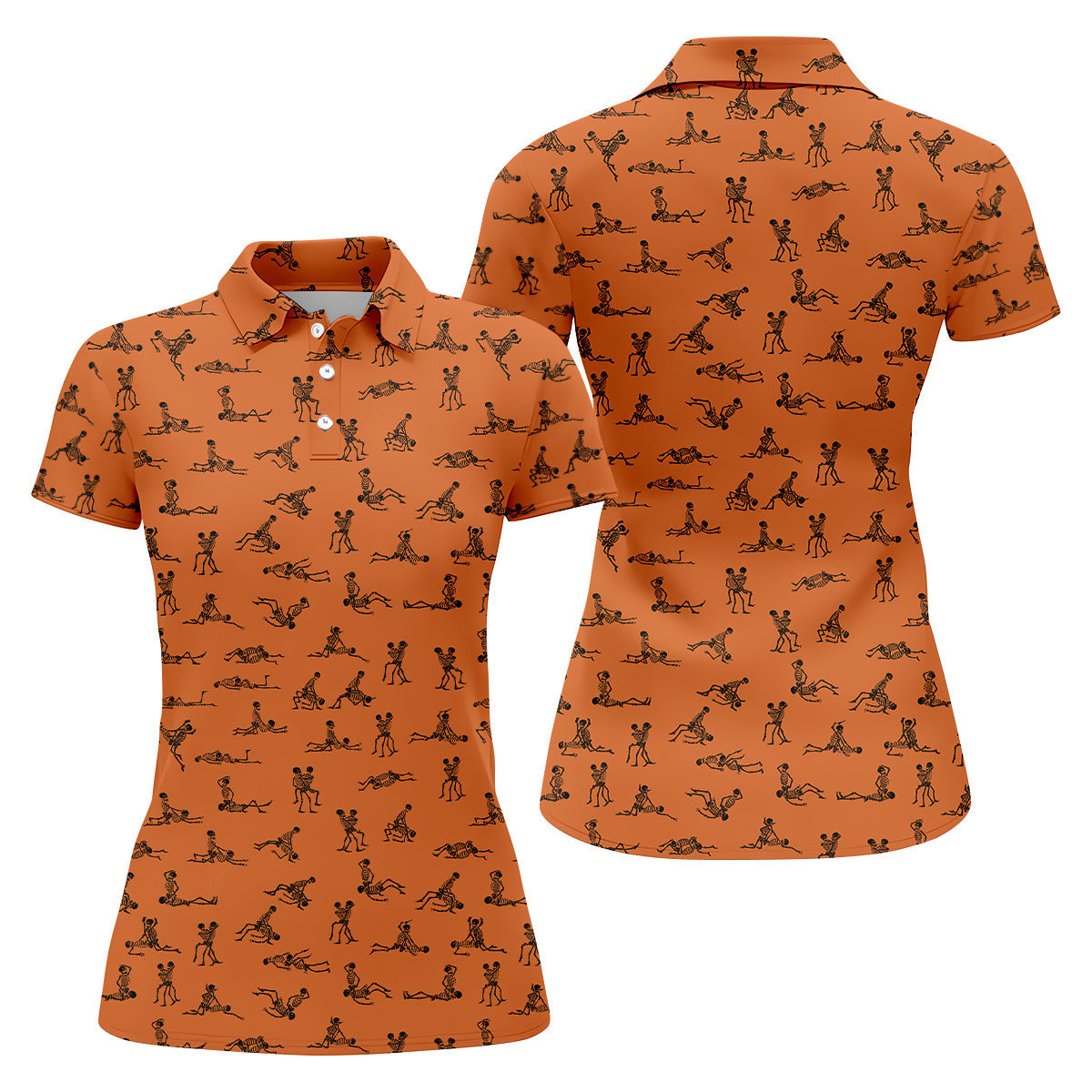 Orange And White Funny Skeleton Sex Position Golf Shirt, Halloween Gift Idea, Ladies Golf Shirts
