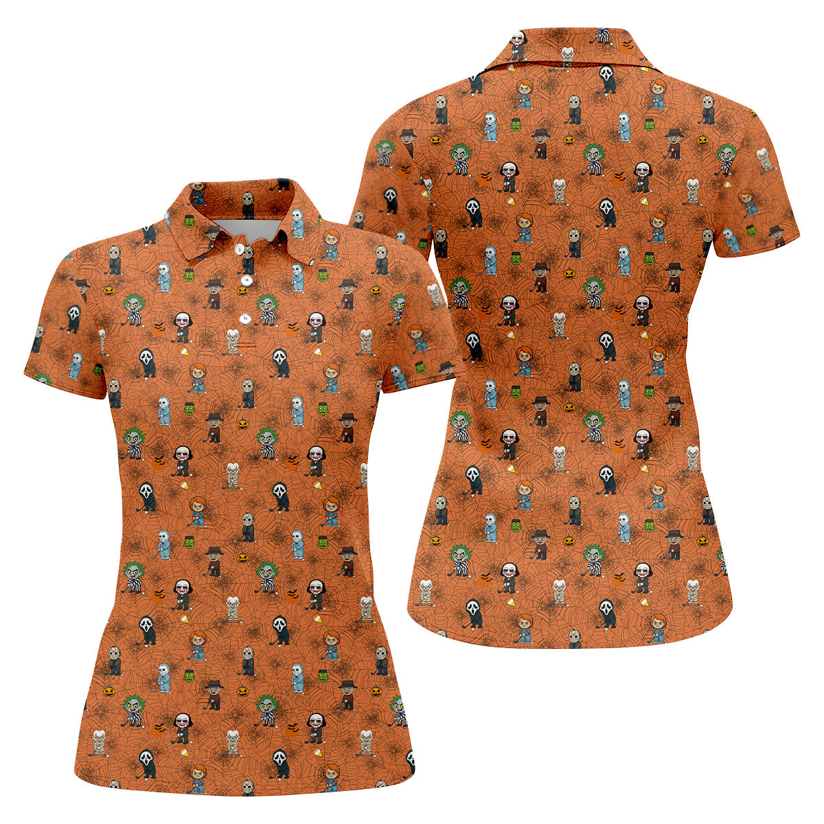 Funny Horror Character Orange Golf Polo Shirt, Horror Movie Shirt, Halloween Golf Shirt, Womens Golf Polo