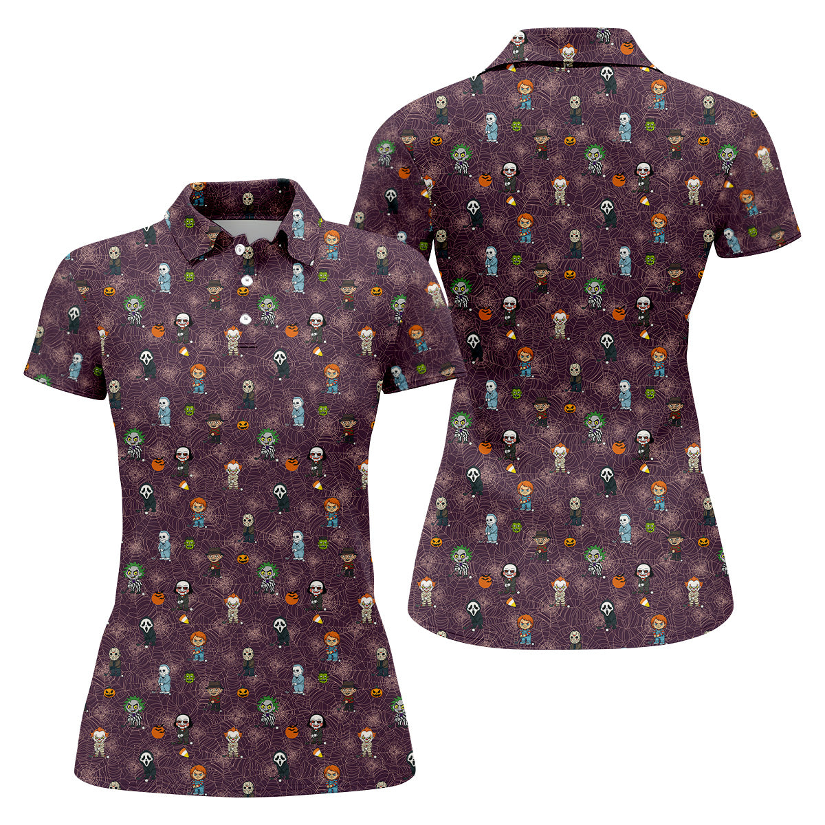 Funny Horror Character Purple Golf Polo Shirt, Horror Movie Shirt, Halloween Golf Shirt, Womens Golf Polo