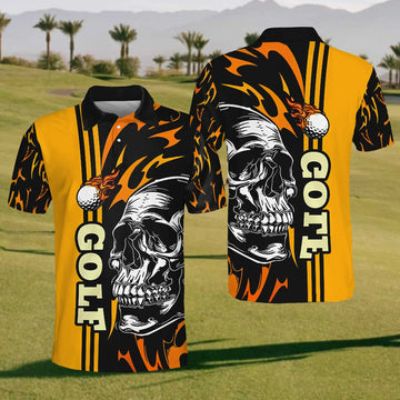 Skull On Fire Mens Golf Polo Shirt, Mens Golf Gift, Golf Lover Gift