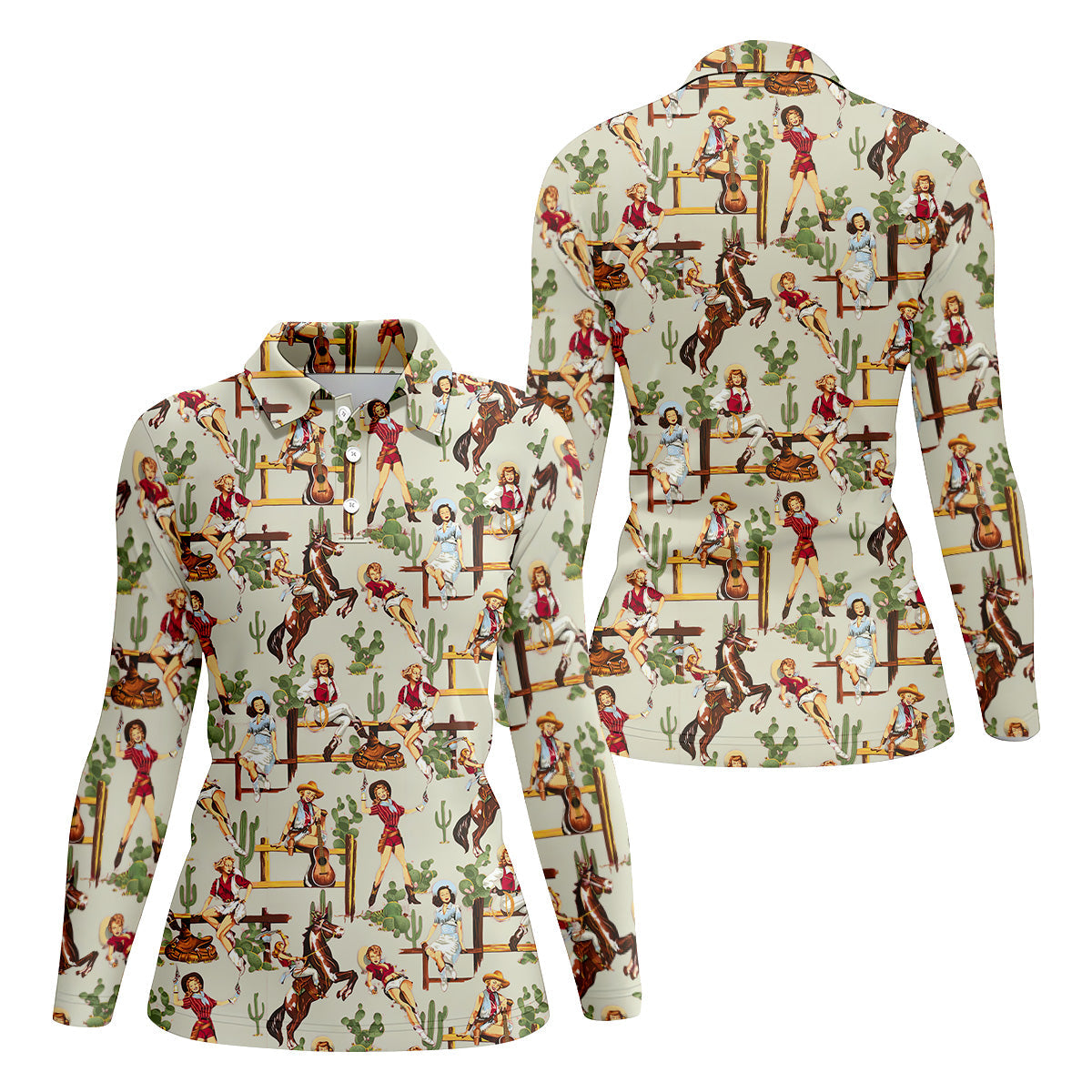 Desert Cowgirl Green Ladies Golf Shirt, Women's Long Sleeve Golf Shirts, Ladies Golf Polos