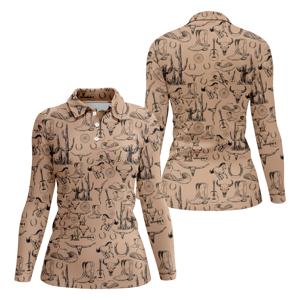Brown Toile Western Golf Shirt, Women's Golf Long Sleeve, Ladies Sleeveless Tops, Women's Polo Shirt