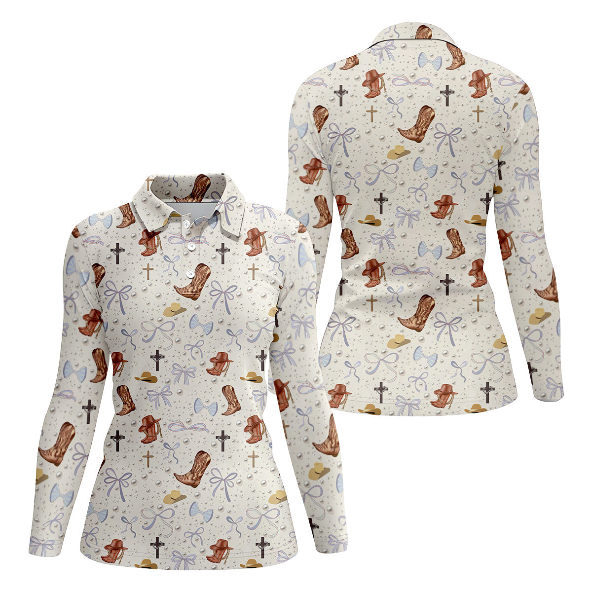 Coquette Pattern Western Golf Shirt, Cute Golf Outfit, White Polo Women, Ladies Golf Shirts