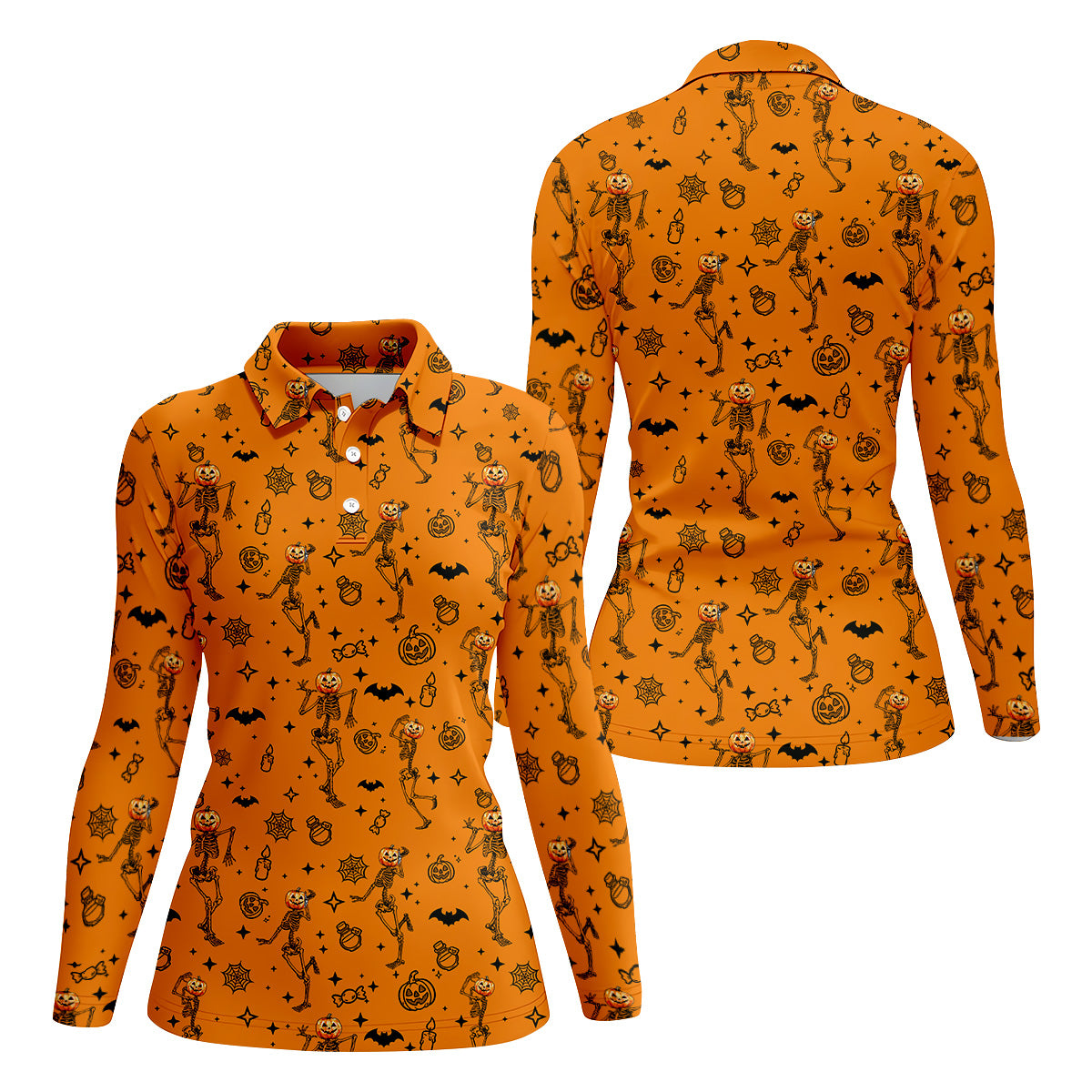 Skeleton Orange Golf Shirt, Halloween Golf Shirt, Fun Golf Polos, Sleeveless Womens Golf Shirts, Ladies Golf Shirts