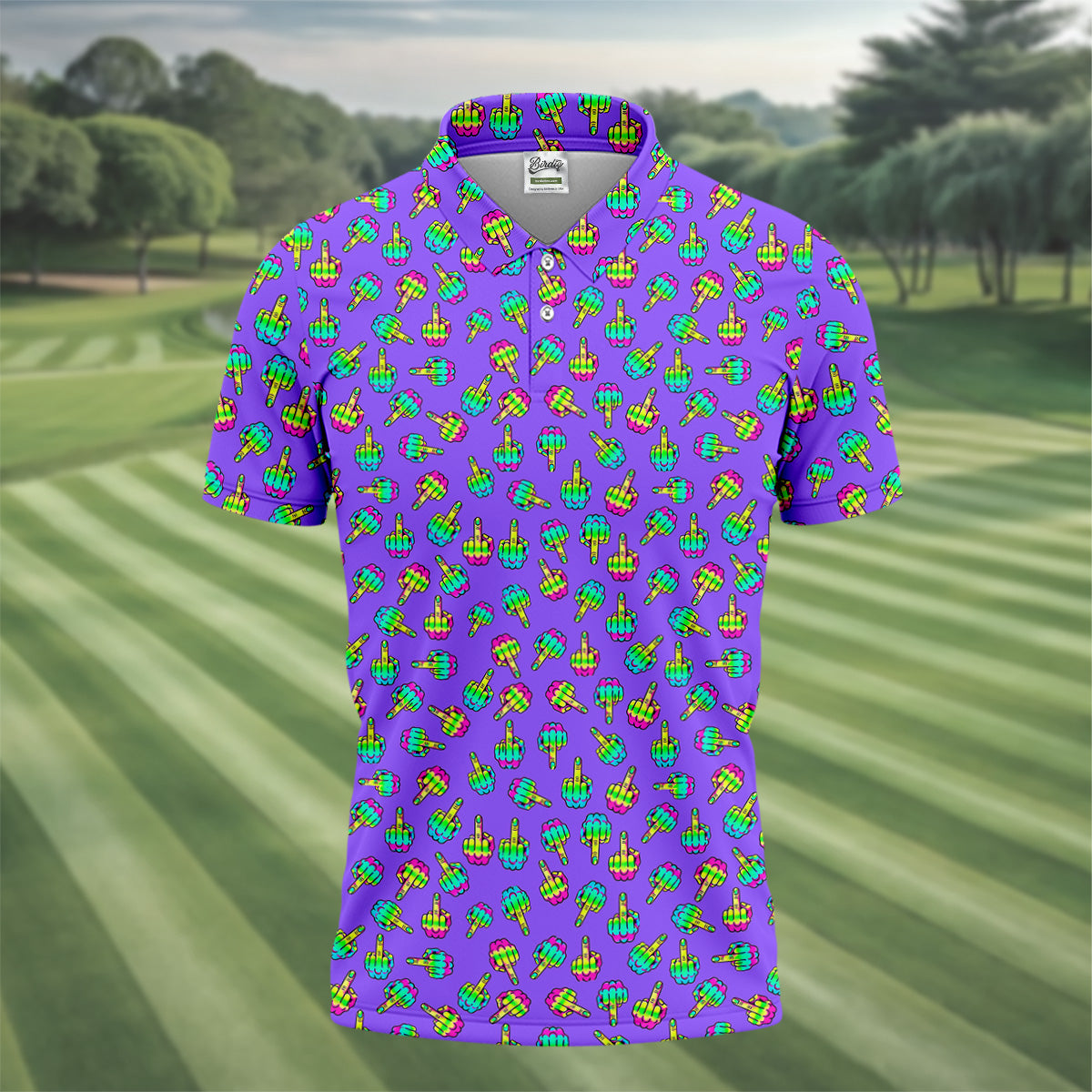 Neon Middle Finger Purple Golf Shirt, Fun Golf Shirts For Men, Cool Golf Gifts, Polo For Men