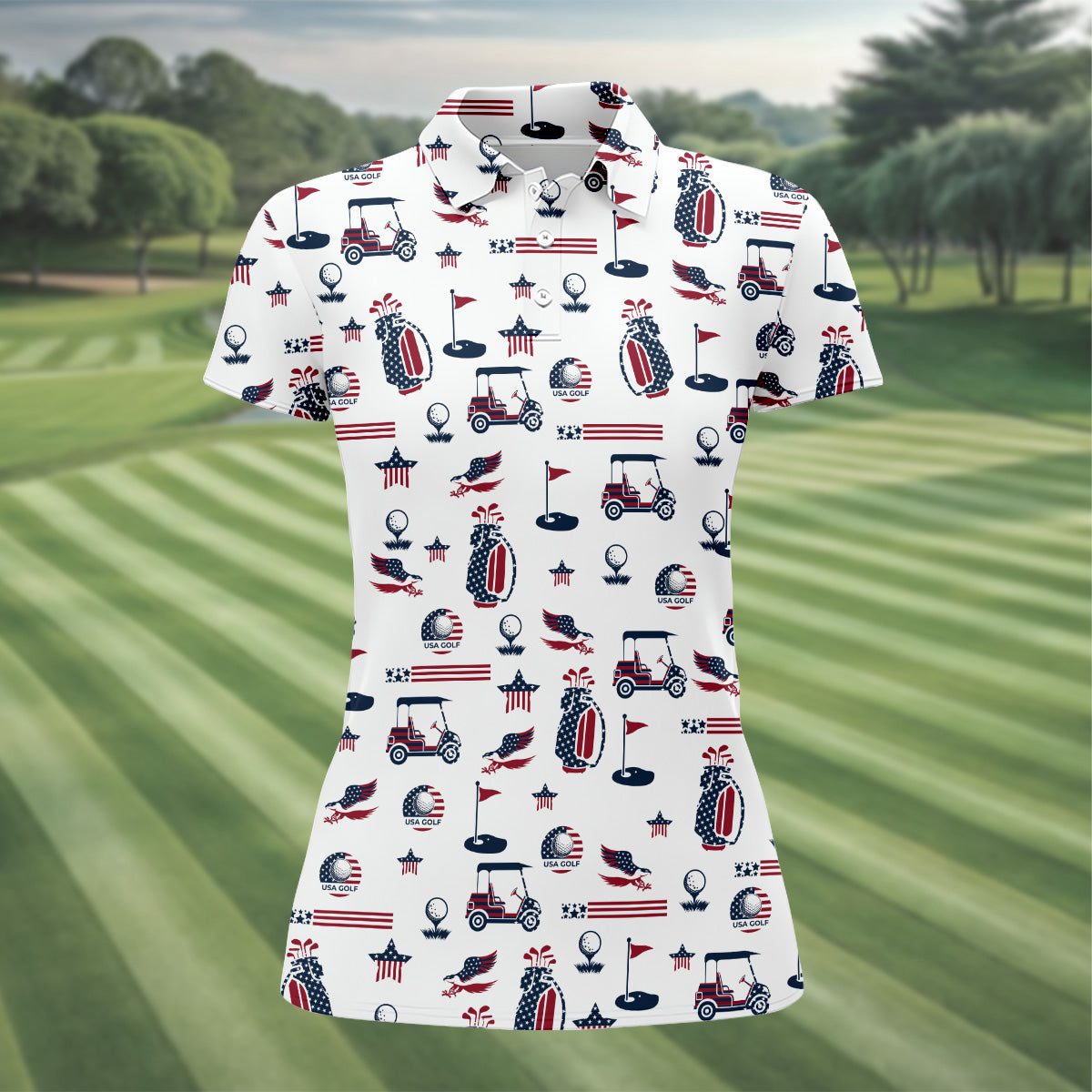 Patriotic USA Funny Womens Golf Polo Shirt, Women's 4th Of July Shirts, USA Golf Shirt, Custom Ladies Golf Shirt