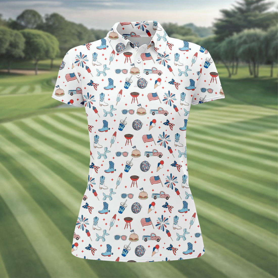 Red White and Blue Womens Golf Polo Shirt, Patriotic Golf Shirt, USA Golf Shirt, Custom Ladies Golf Shirt