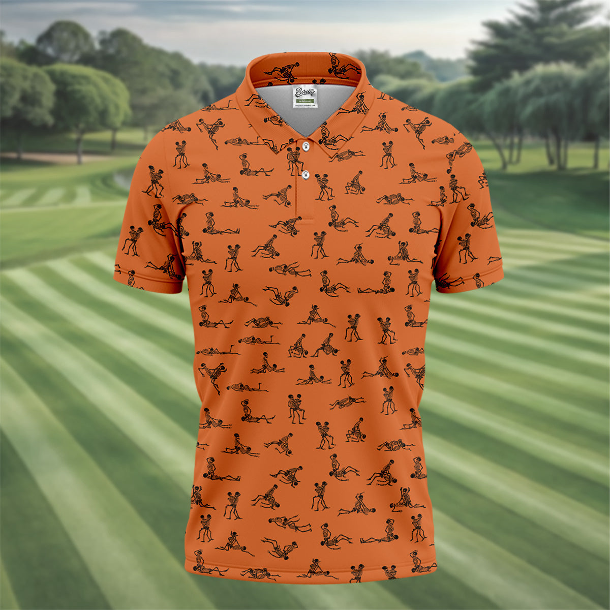 Orange And White Funny Skeleton Sex Position Golf Shirt, Halloween Gift Idea, Fun Golf Shirts For Men, Polo For Men