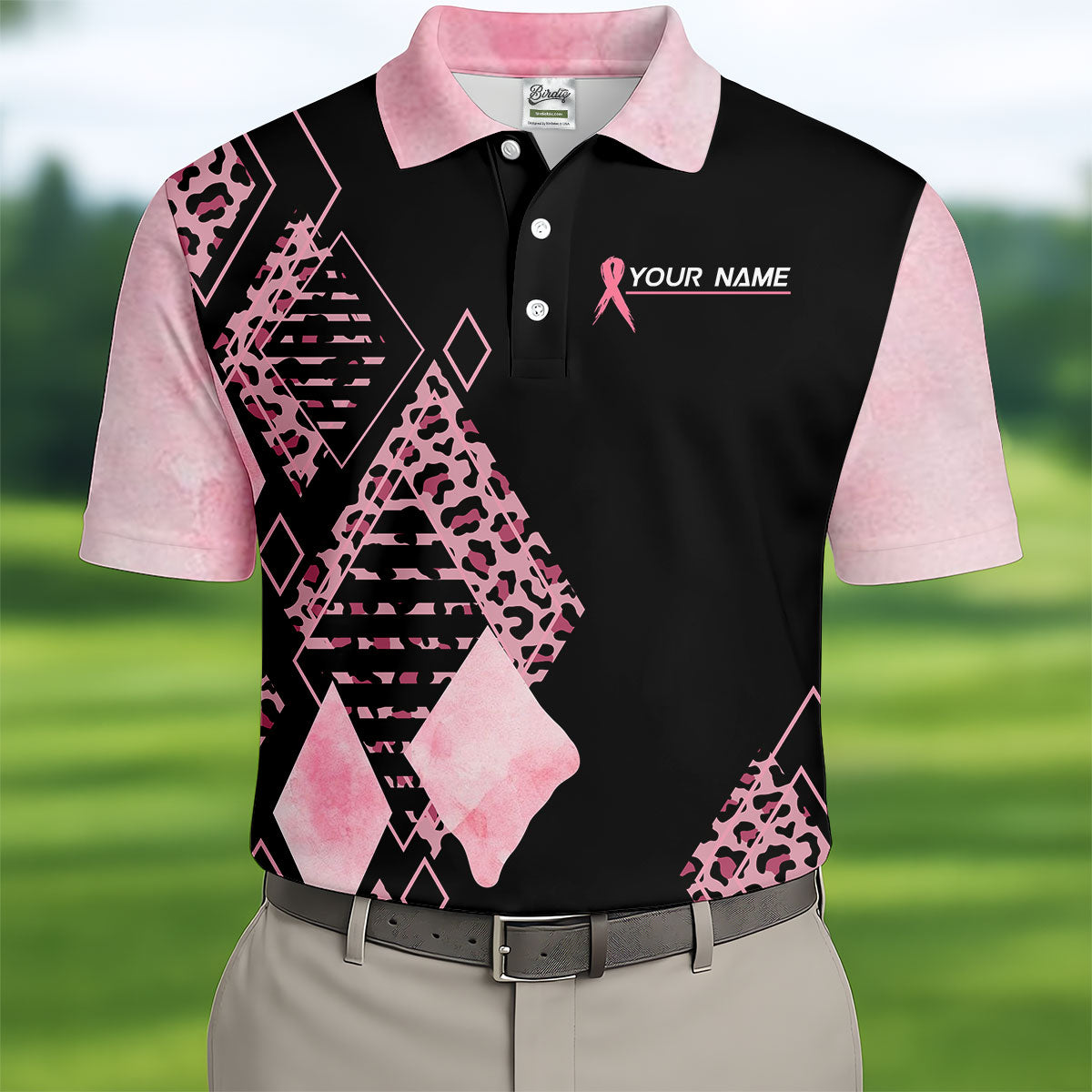 Peace Love Cure Men's Golf Shirt, Breast Cancer Awareness Shirt, Pink Leopard Golf Shirt, Golf Gift For Men