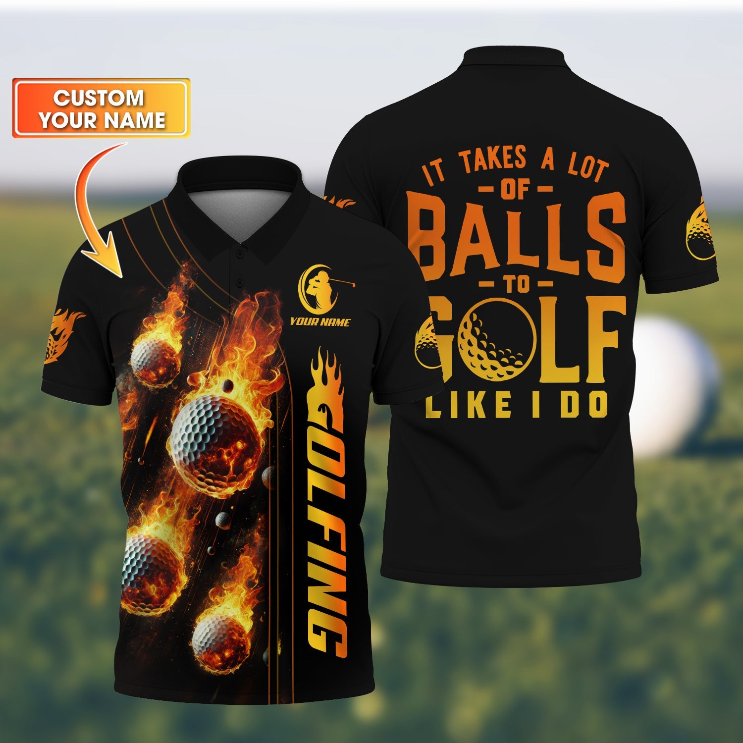 Fire Golf Ball Men's Golf Polo Shirt, Golfing Apparel, Mens Golf Gift, Gift For Golf Lovers