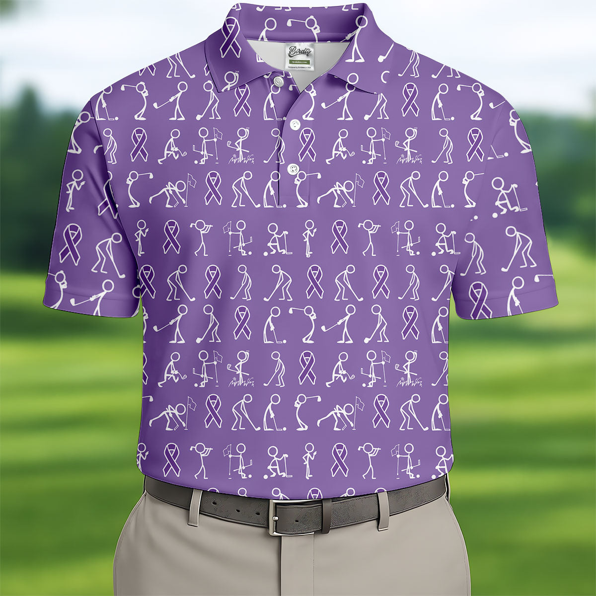Funny Stick Figure Men's Golf Shirt, Pancreatic Cancer Awareness Shirt, Purple Golf Shirt, Golf Shirts For Men