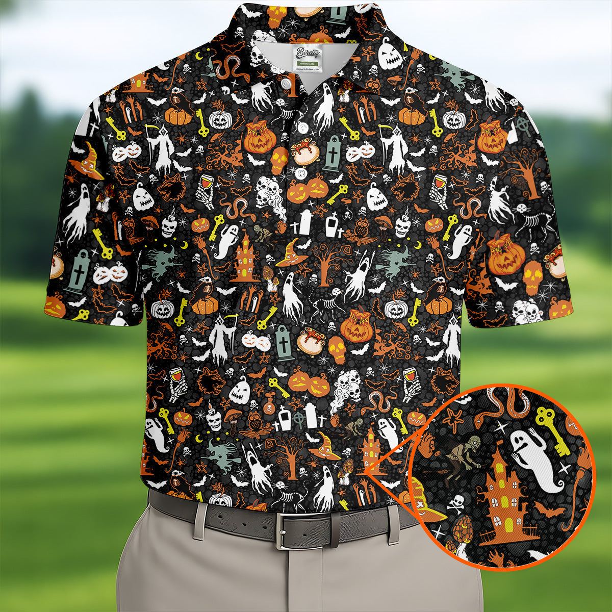 Trick or Treat Spooky Ghost Pumpkin Men's Golf Shirt, Halloween Golf Shirt, Fun Golf Shirts For Mens