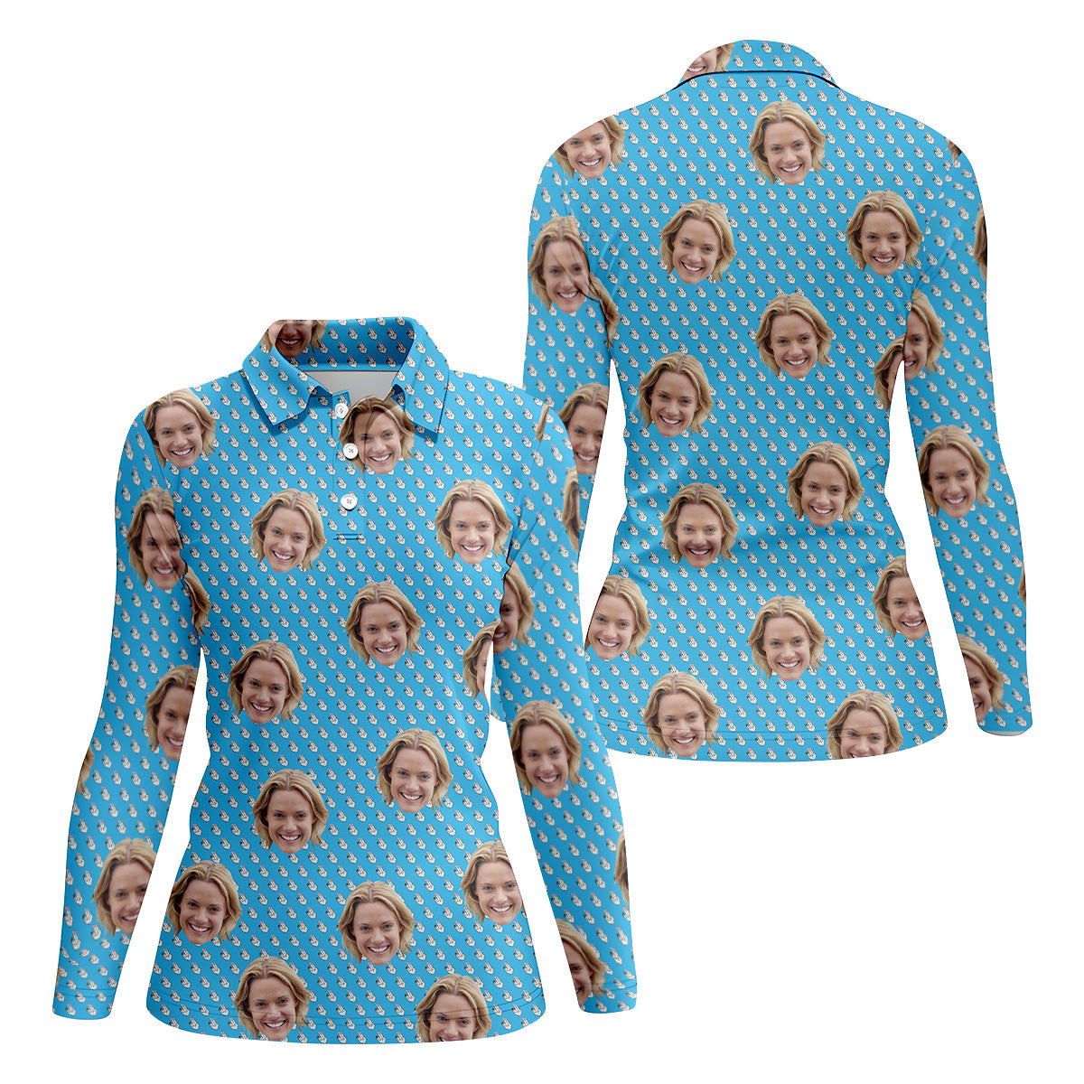Funny Hands Blue Golf Polo Shirt, Custom Face Golf Shirt, Fun Womens Golf Shirts, Ladies Golf Shirt