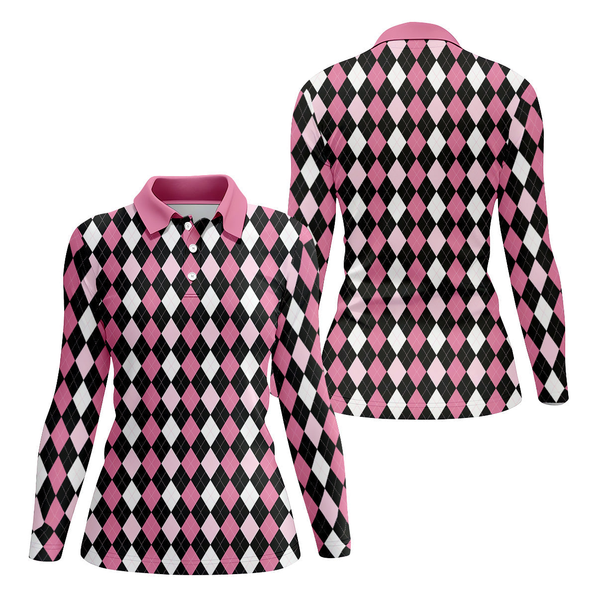 Black Pink Argyle Womens Golf Shirts, Ladies Pink Golf Shirt, Womens Golf Polo Shirts, Golf Gift For Womens
