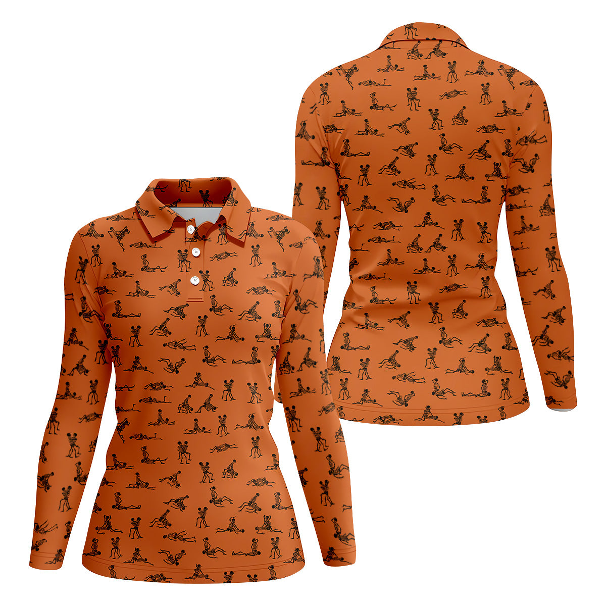 Orange And White Funny Skeleton Sex Position Golf Shirt, Halloween Gift Idea, Ladies Golf Shirts